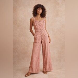 Anthropologie Pilcro Boho Linen Blend Wide Leg Jumpsuit Pink Button Front 2